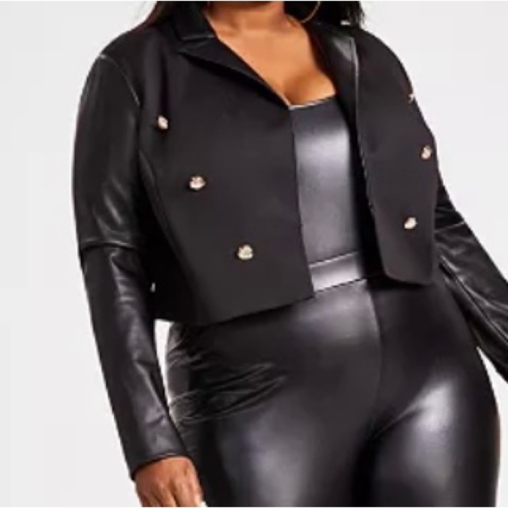 Nina Parker Plus Size Pleather Double-Breasted Cropped Blazer, BlK-size 3X